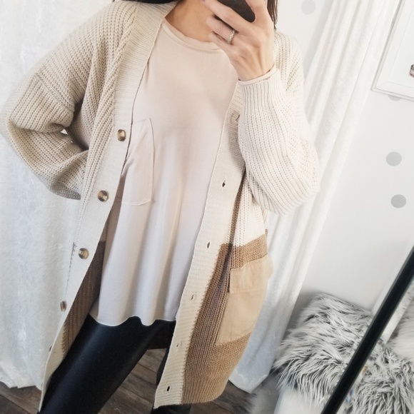 Knit Fall Neutral Cardigan Taupe Color Block Long Pocket Cardigan - Picture 6 of 11
